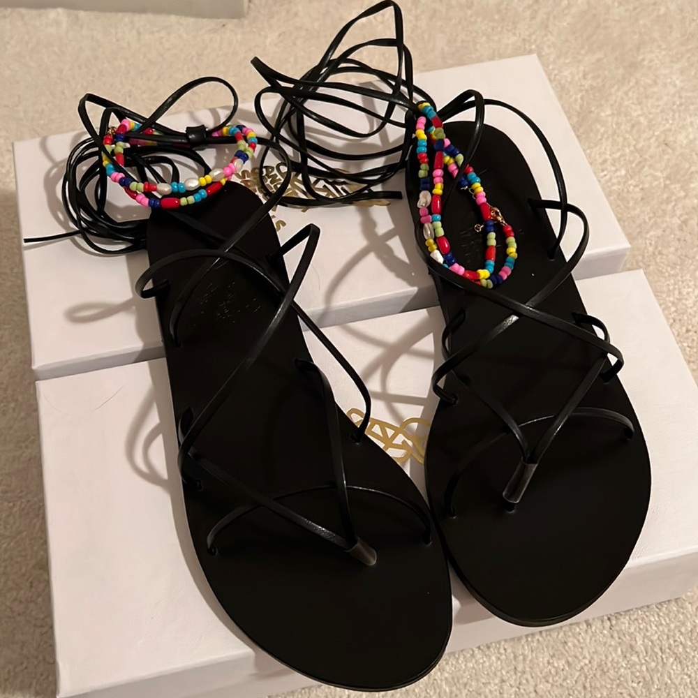 Ancient Greek Sandals - Black Lace Up Sandal with Beaded Anklet